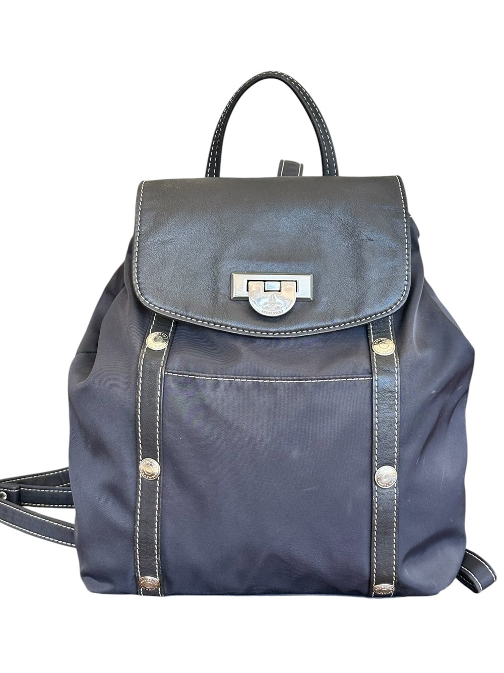 Pourchet Paris Women’s Blue Nylon Brown Leather Trimmed Mini Logo Posh Backpack